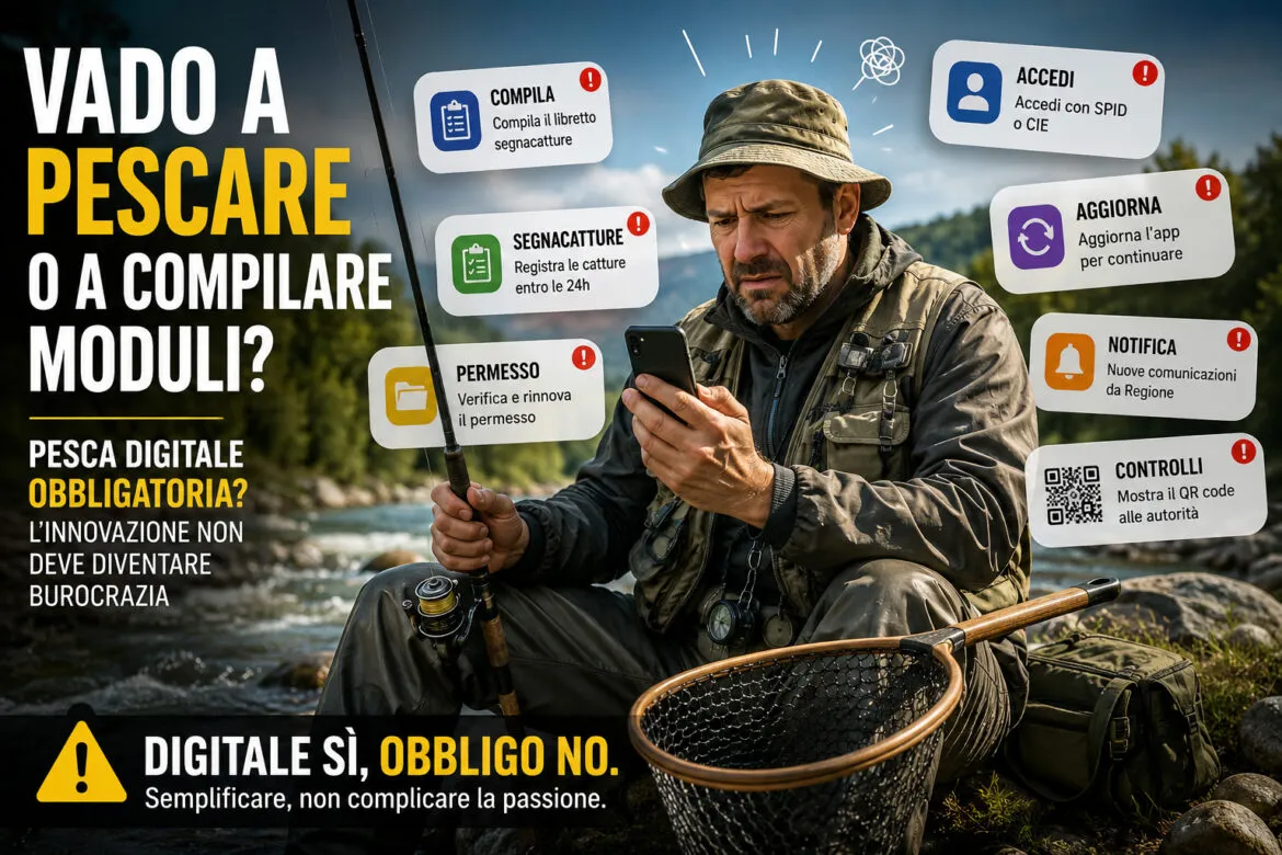 Pescatore con canna da pesca e guadino sommerso da notifiche digitali sul libretto segna-catture obbligatorio in Lombardia.