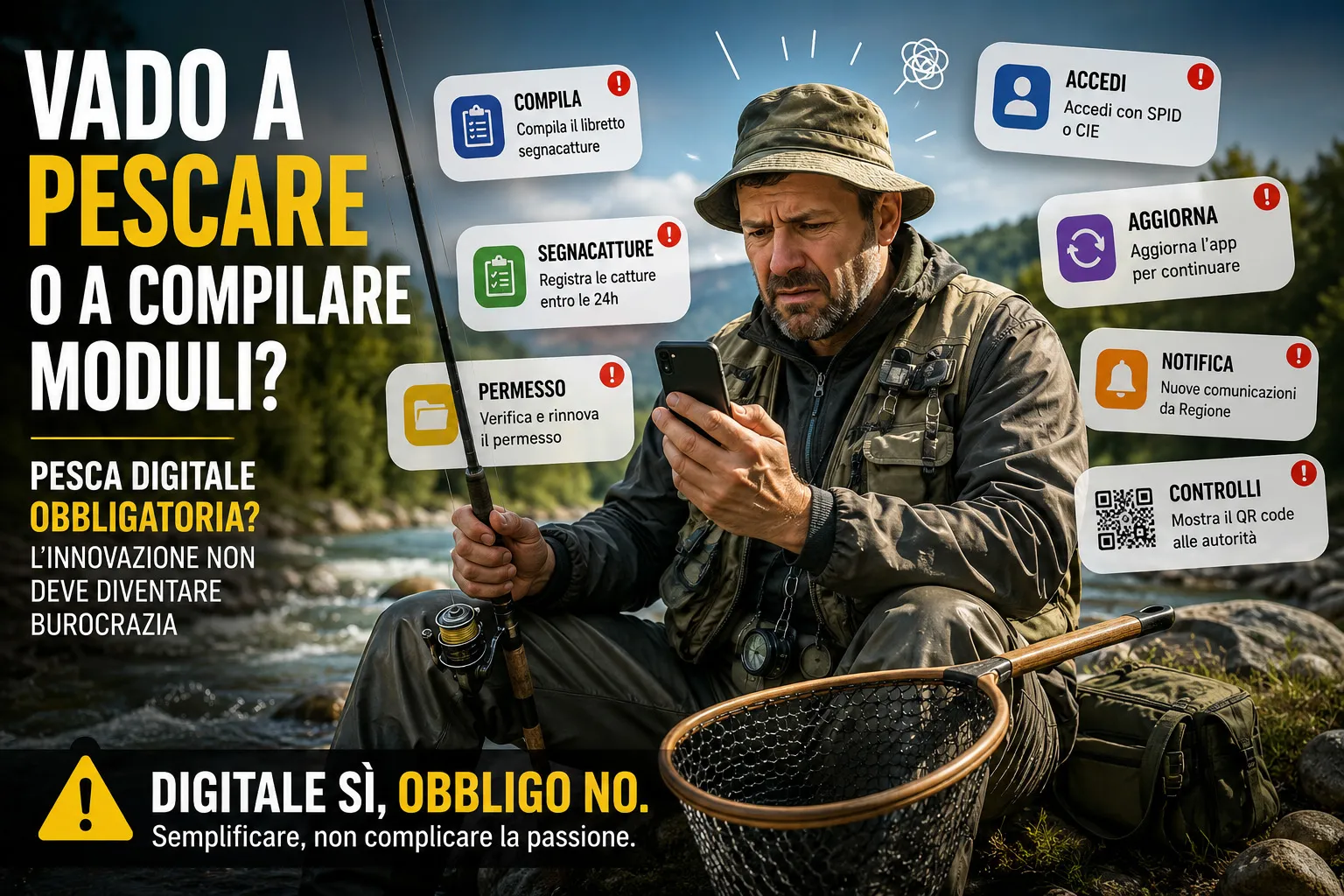 Pescatore con canna da pesca e guadino sommerso da notifiche digitali sul libretto segna-catture obbligatorio in Lombardia.