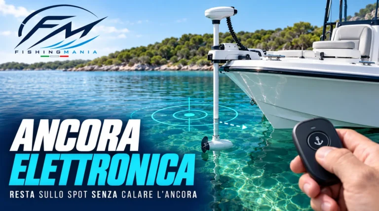 Motore elettrico immerso a prua di una barca da pesca, telecomando in primo piano e riferimento GPS illustrato sull’acqua.