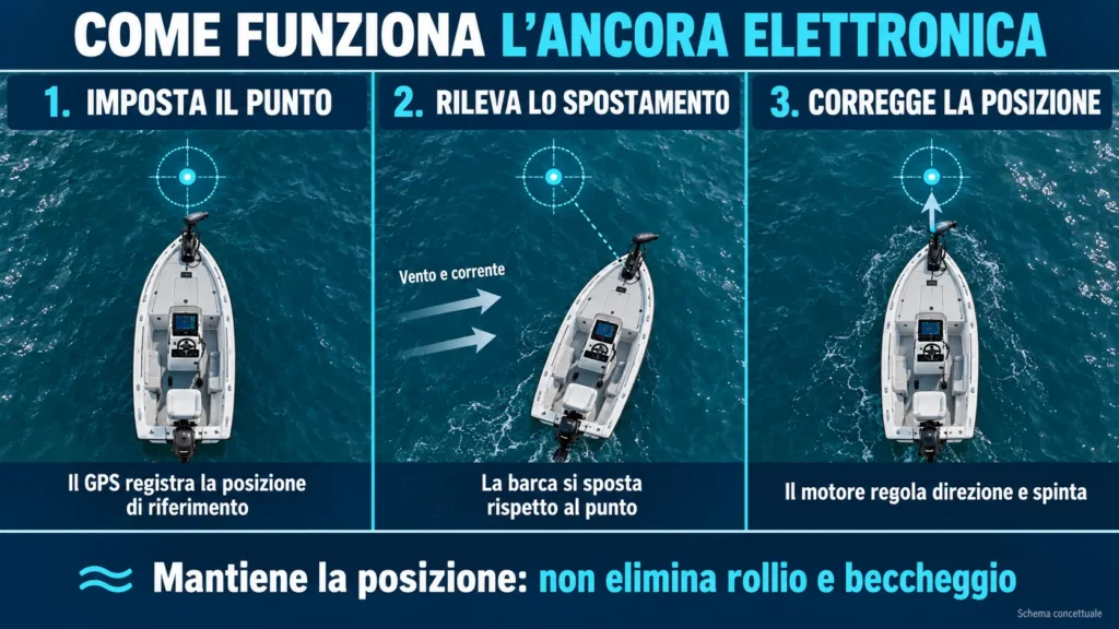 Schema in tre fasi dell’ancora elettronica: registra il punto GPS, rileva la deriva e corregge la posizione con il motore.