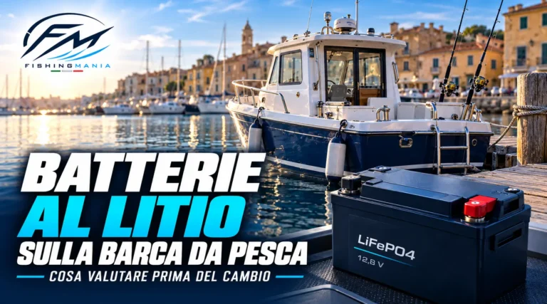 Batteria LiFePO4 in primo piano con una barca da pesca cabinata ormeggiata in porto e logo Fishingmania.