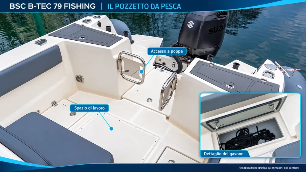 Pozzetto del BSC B-TEC 79 Fishing con passaggio centrale verso poppa e riquadro di un gavone aperto.