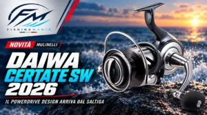 Mulinello Daiwa Certate SW 2026 su sfondo marino, con logo Fishingmania e titolo dedicato al Powerdrive Design