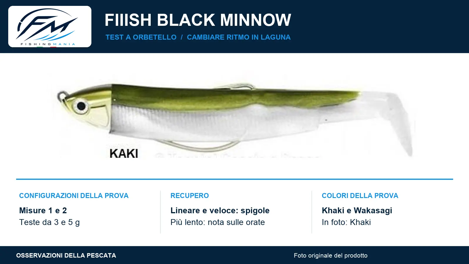 Fiiish Black Minnow Khaki con indicazioni sulle misure 1 e 2, teste da 3 e 5 grammi e recupero lineare veloce.