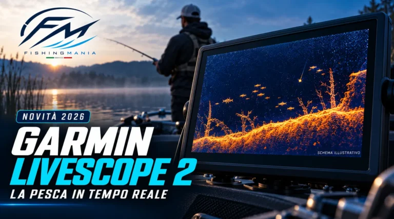 Display con rappresentazione illustrativa del sonar e pescatore sullo sfondo, con titolo Garmin LiveScope 2 e logo Fishingmania.