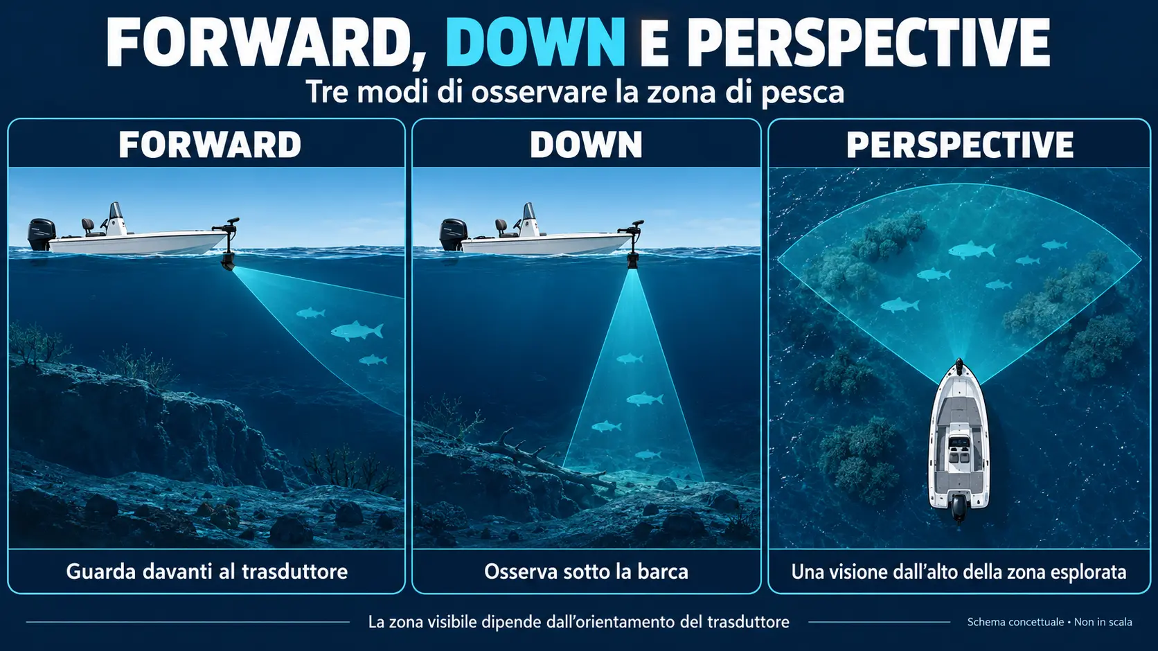 Schema delle modalità sonar Forward davanti al trasduttore, Down sotto la barca e Perspective con vista dall’alto della zona esplorata.