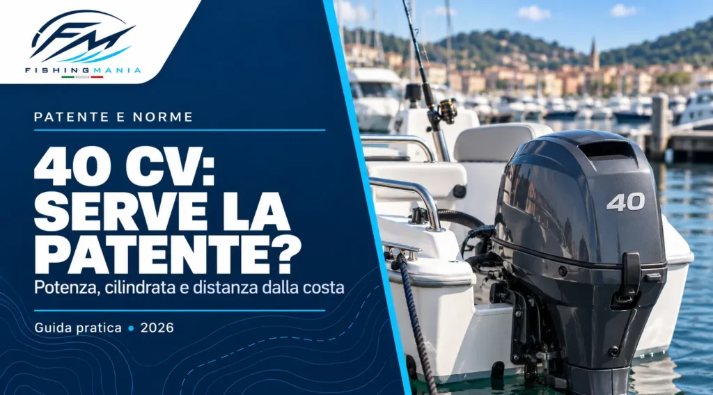 Fuoribordo con scritta 40 sulla poppa di una barca in porto, affiancato dal titolo “40 CV: serve la patente?” e dal logo Fishingmania.