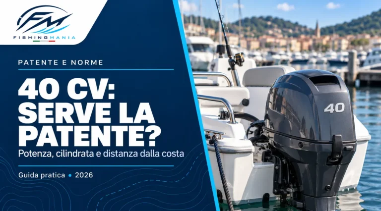 Fuoribordo con scritta 40 sulla poppa di una barca in porto, affiancato dal titolo “40 CV: serve la patente?” e dal logo Fishingmania.