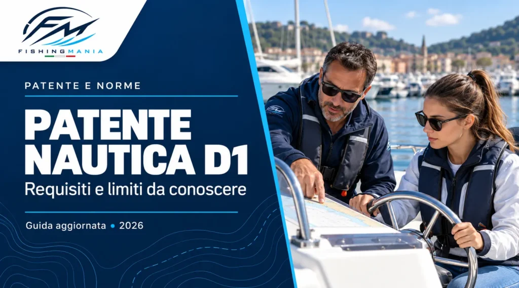 Istruttore e allieva alla postazione di guida di una barca, con logo Fishingmania e titolo “Patente nautica D1”.