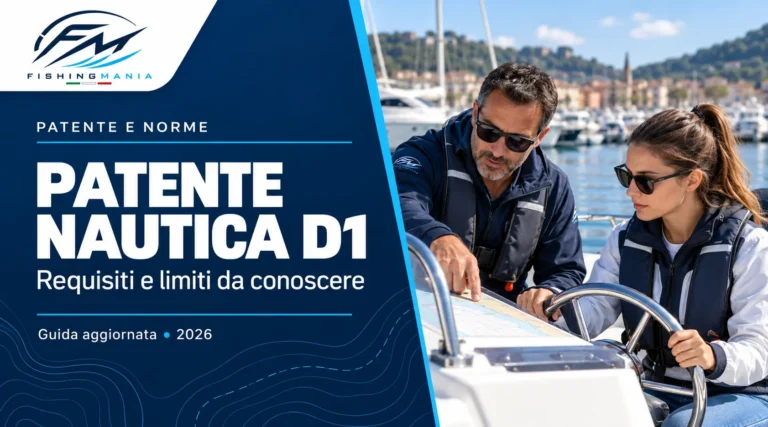 Istruttore e allieva alla postazione di guida di una barca, con logo Fishingmania e titolo “Patente nautica D1”.