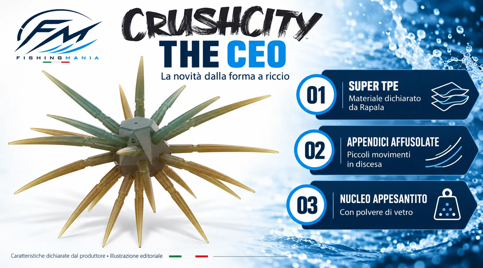 CrushCity The CEO dalla forma a riccio, con indicazioni su Super TPE, appendici affusolate e nucleo appesantito.