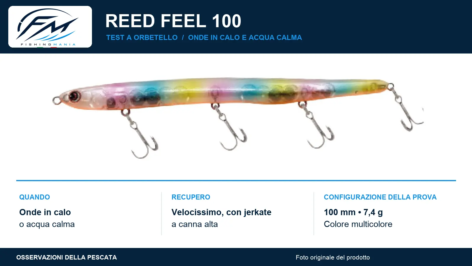 Reed Feel 100 multicolore da 100 mm e 7,4 g, con indicazioni sul recupero velocissimo e jerkate a canna alta.