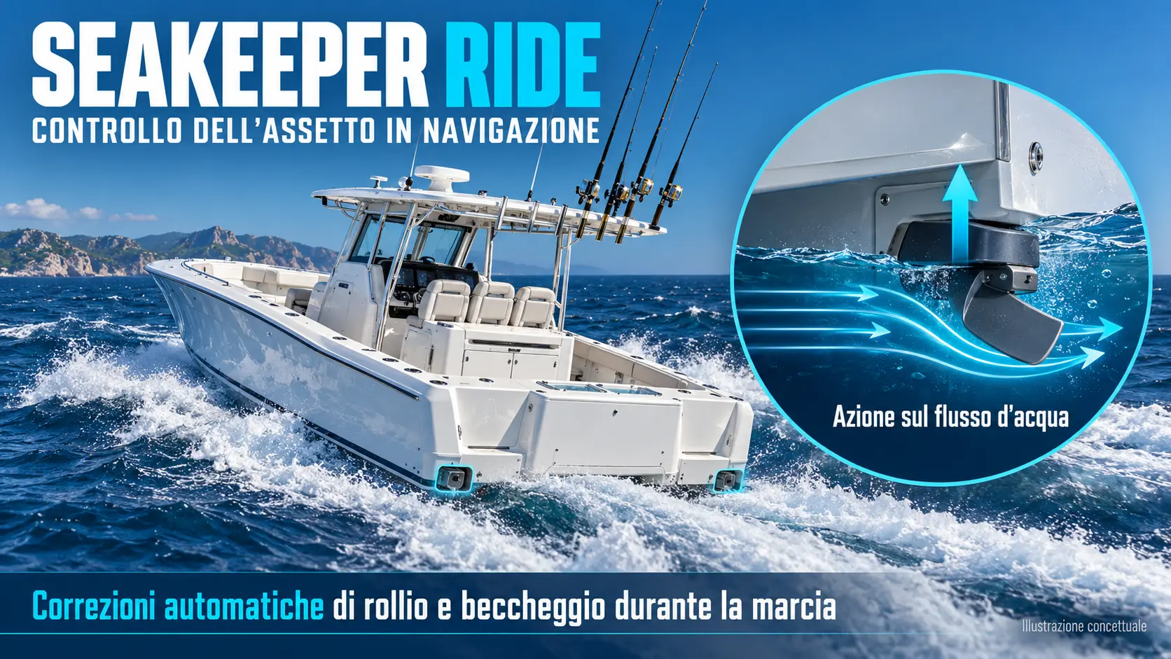 Barca da pesca in navigazione e dettaglio schematico del controllo dell’assetto tramite un dispositivo a poppa.
