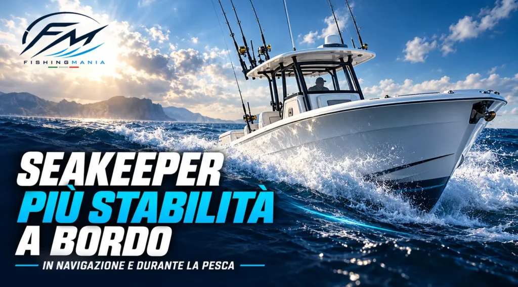 Barca da pesca in navigazione tra le onde, con logo Fishingmania e scritta “Seakeeper: più stabilità a bordo”.