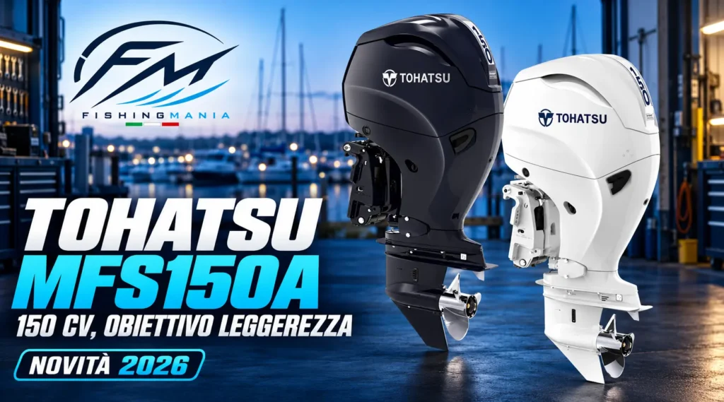 Fuoribordo Tohatsu MFS150A nelle colorazioni blu e bianca, con logo Fishingmania e scritta “Novità 2026”.