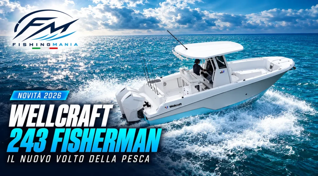 Wellcraft 243 Fisherman in navigazione visto dall’alto, con logo Fishingmania e scritta “Novità 2026”.